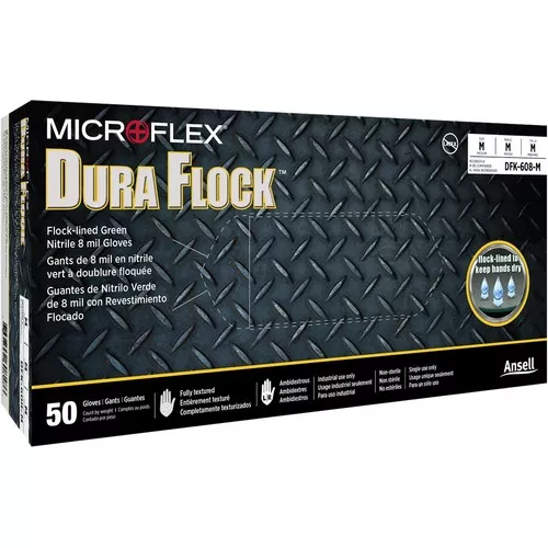Dura Flock DFK-608 Flock-lined Green Nitrile Gloves, Large
