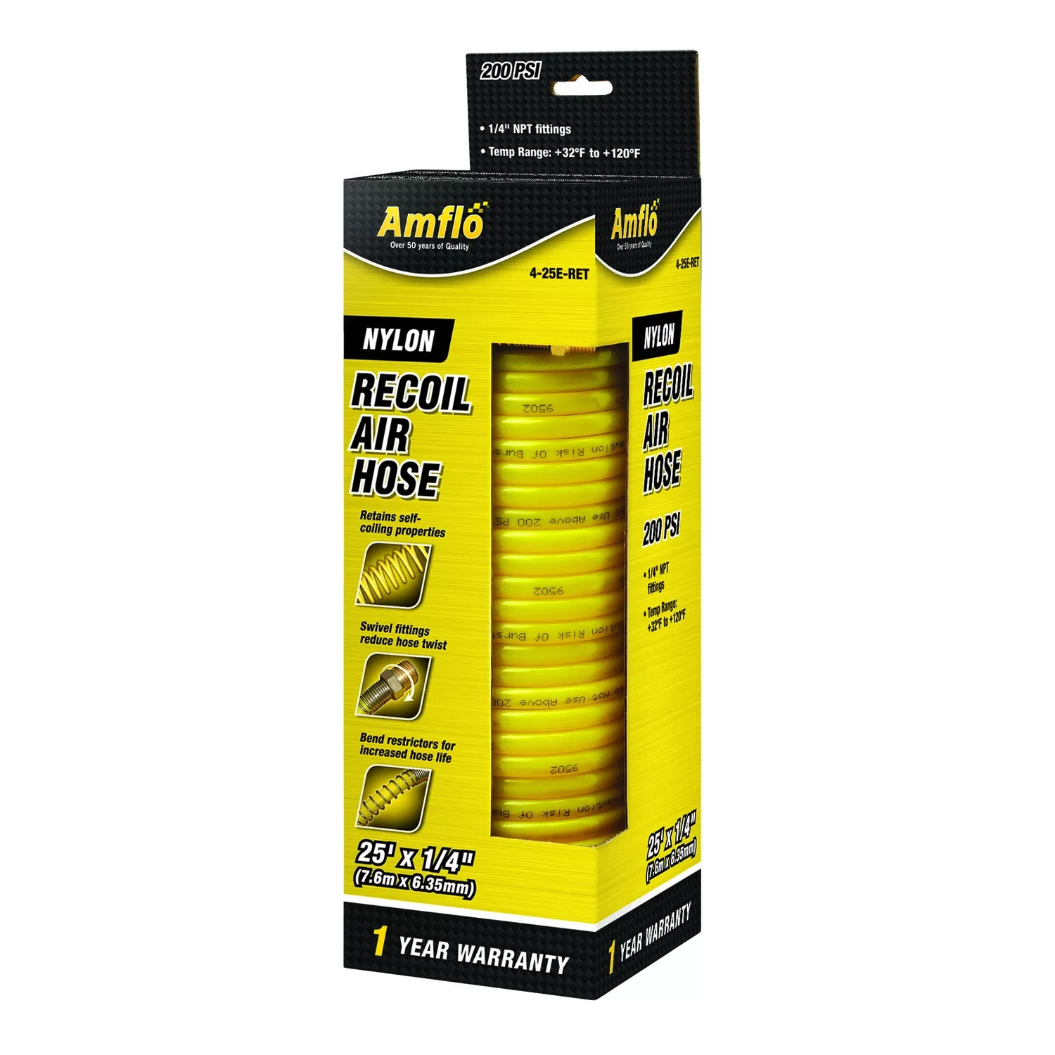 Nylon Recoil Air Hose 1/4 In X 25 Ft – Lightweight Yellow With Brass Fittings
